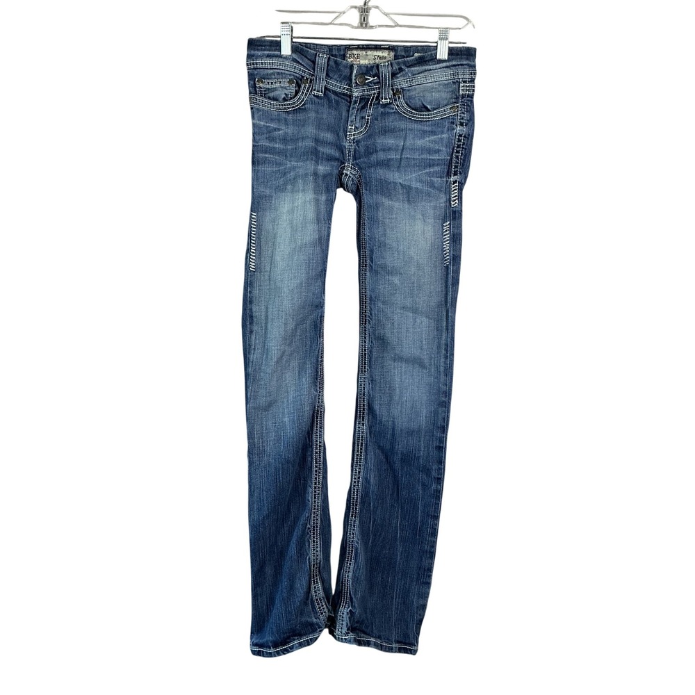 BKE Stella Bootcut Jeans Medium Wash Contrast Stitch Distressed 25L Womens